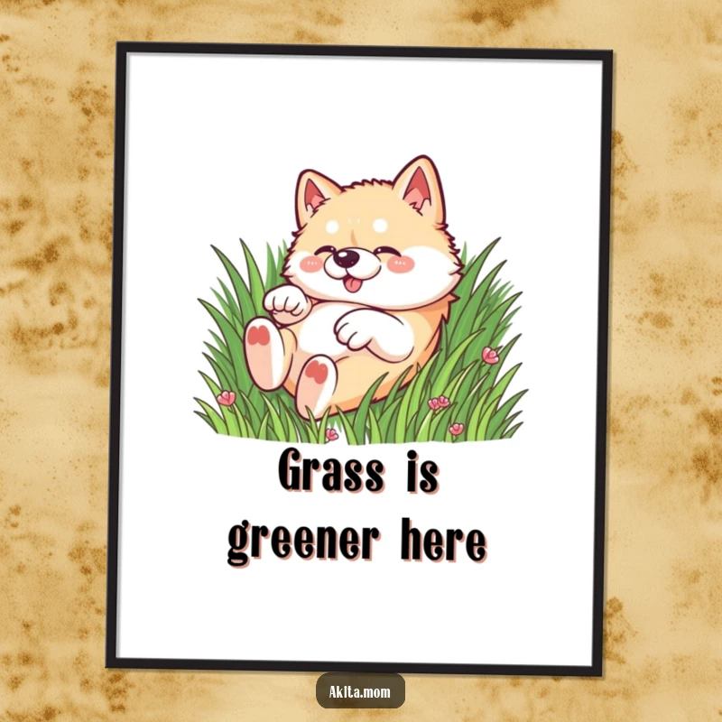 Funny Free Printable Kawaii Akita dog enthusiastically rolling in vibrant green grass, capturing pure playful bliss as wall art.