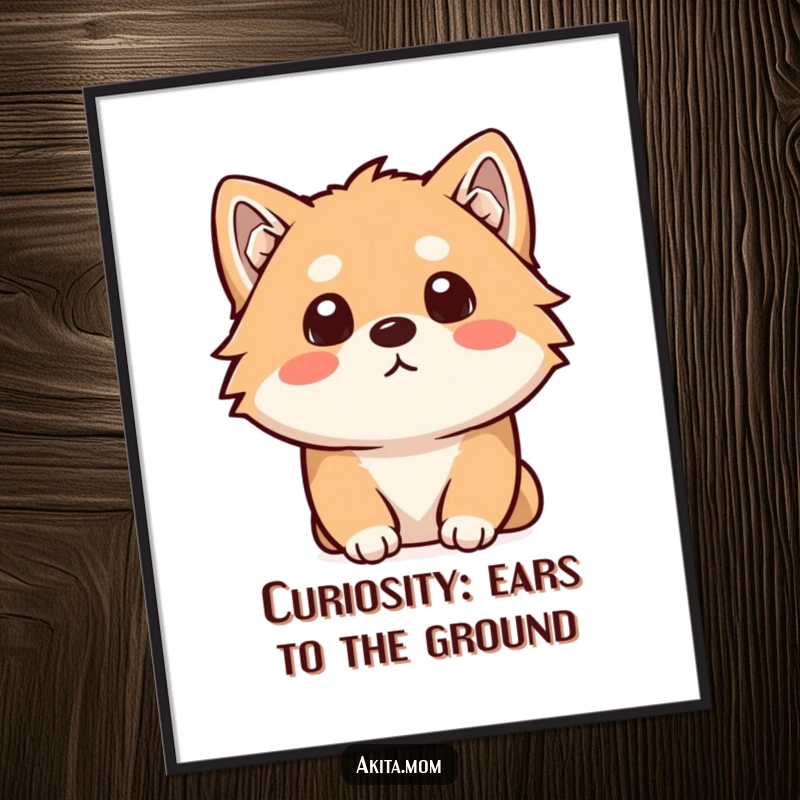 Funny Free Printable Akita Wall Art: A curious Kawaii Akita with a head tilt, listening intently, adding a touch of adorable intrigue.