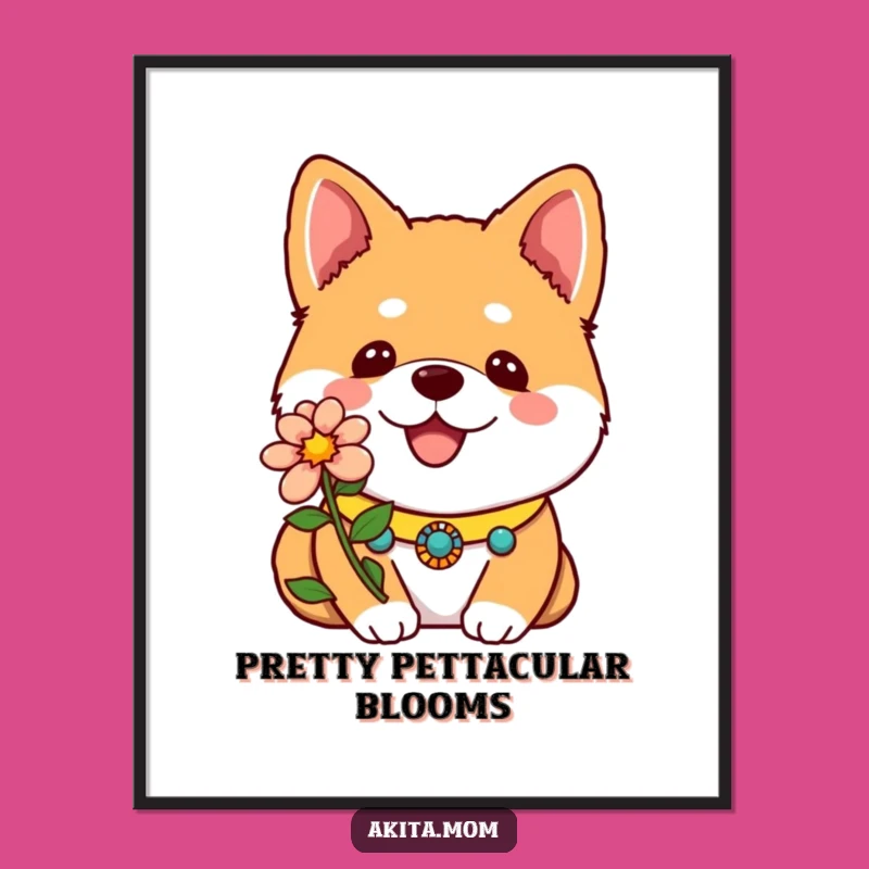 Free Printable Kawaii Akita Wall Art: Funny Dog Flower Decor, Downloadable Art
