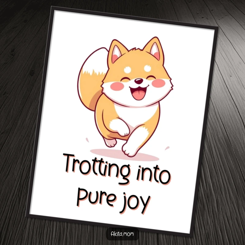 Funny Free Printable Akita Wall Art: A joyful Kawaii Akita trotting with enthusiasm, tail curled high, bringing smiles to any room.