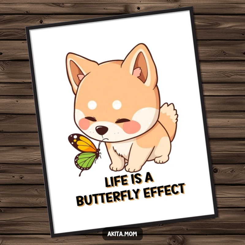 Funny Free Printable Wall Art: Kawaii Akita dog gently sniffing a butterfly, a serene and curious moment for your decor.