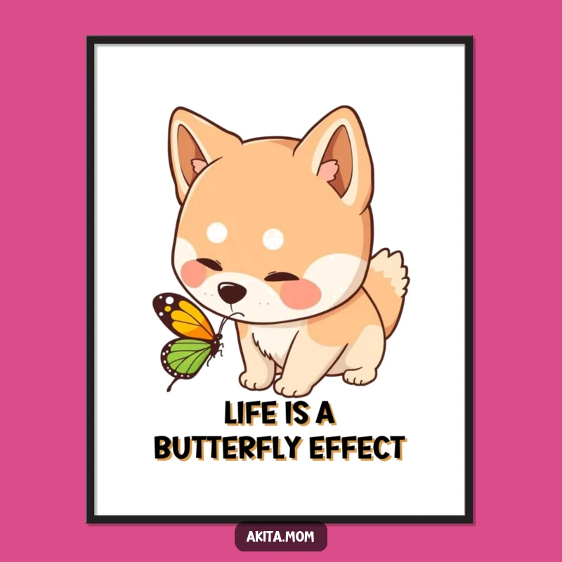 Free Printable Wall Art: Curious Akita Sniffing Butterfly - Whimsical Downloadable Decor