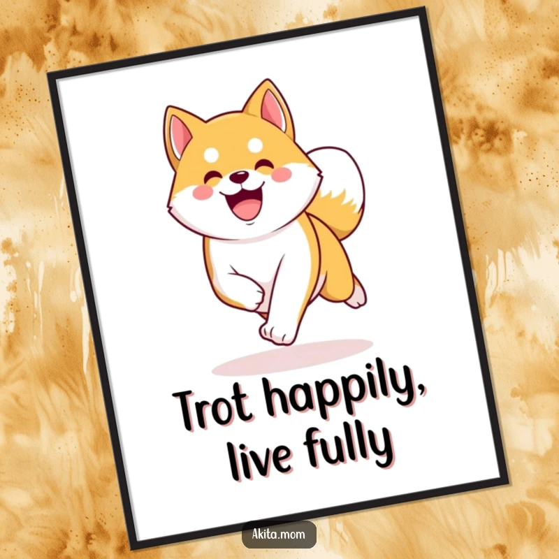 Funny Free Printable Wall Art: A Kawaii Akita trots with pure joy, its curved tail expressing exuberant happiness.