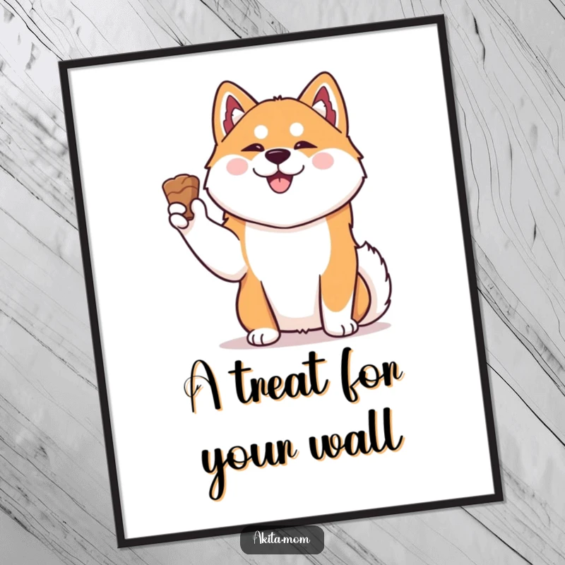 Funny Free Printable Wall Art: A dignified Kawaii Akita proudly holds a treat aloft, a humorous canine masterpiece.