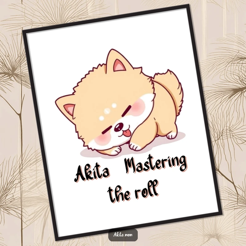 Funny Free Printable Wall Art: An Akita dog making a comical, determined effort to roll over, looking slightly confused.