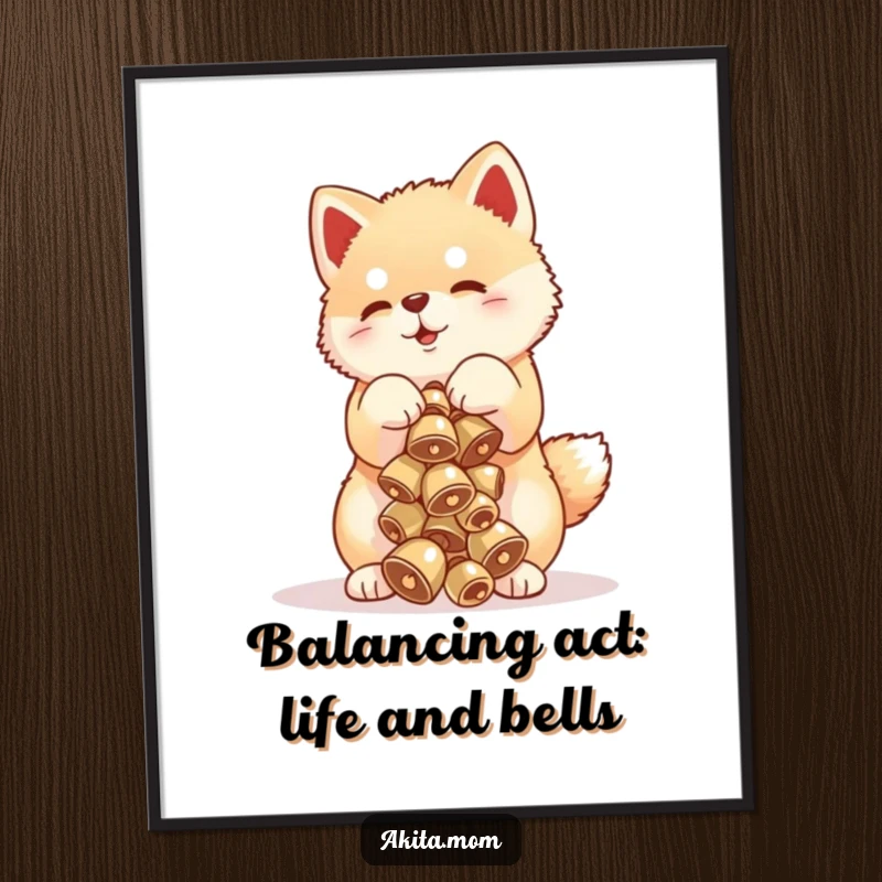 Funny Free Printable Wall Art of a focused Akita cub carefully balancing a tall stack of tiny, delicate bells.