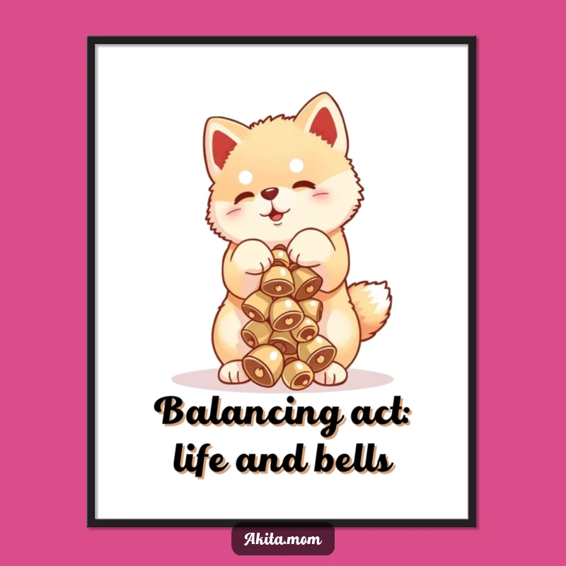 Funny Free Printable Wall Art: Akita Cub Bell Balance - Playful Downloadable Decor