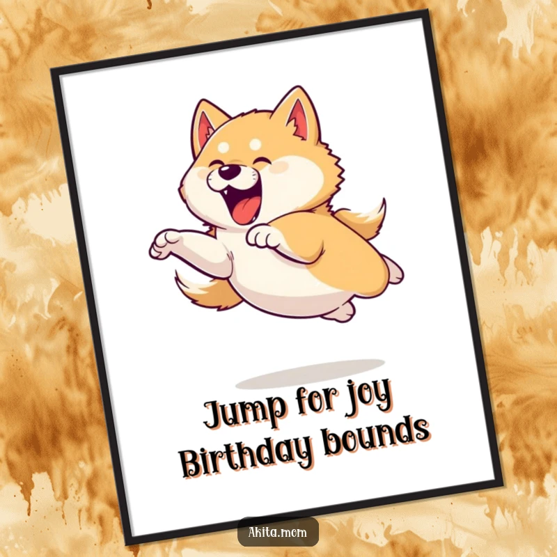 Funny Free Printable Wall Art: An Akita in a powerful yet playful mid-air leap, radiating pure excitement and dynamic motion.