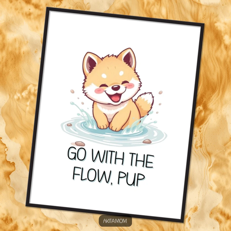 Funny Free Printable Wall Art of a giggling Akita cub joyfully splashing and playing in a clear, babbling stream.