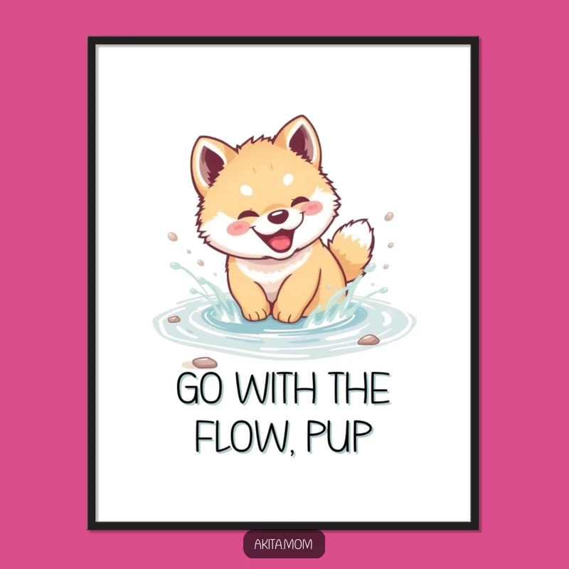 Funny Free Printable Wall Art: Akita Cub Stream Splash - Playful Downloadable Decor