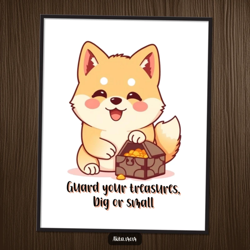 Funny Free Printable Akita Wall Art: Happy dog intently guarding a small, precious treasure, exuding loyalty and charm.