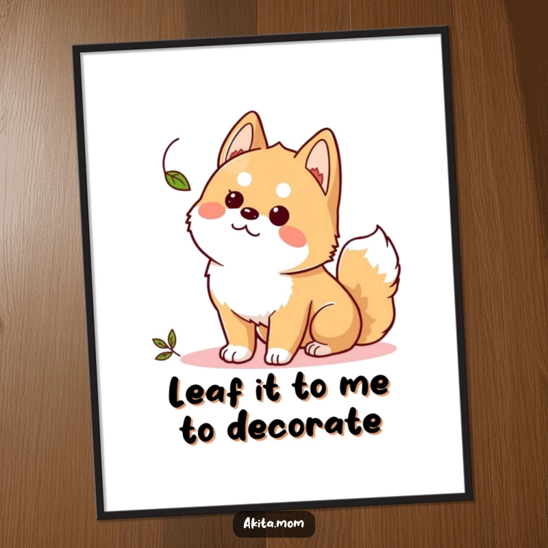 Funny Free Printable Wall Art: A Kawaii Akita stands alert and curious, intently watching a single leaf flutter by.