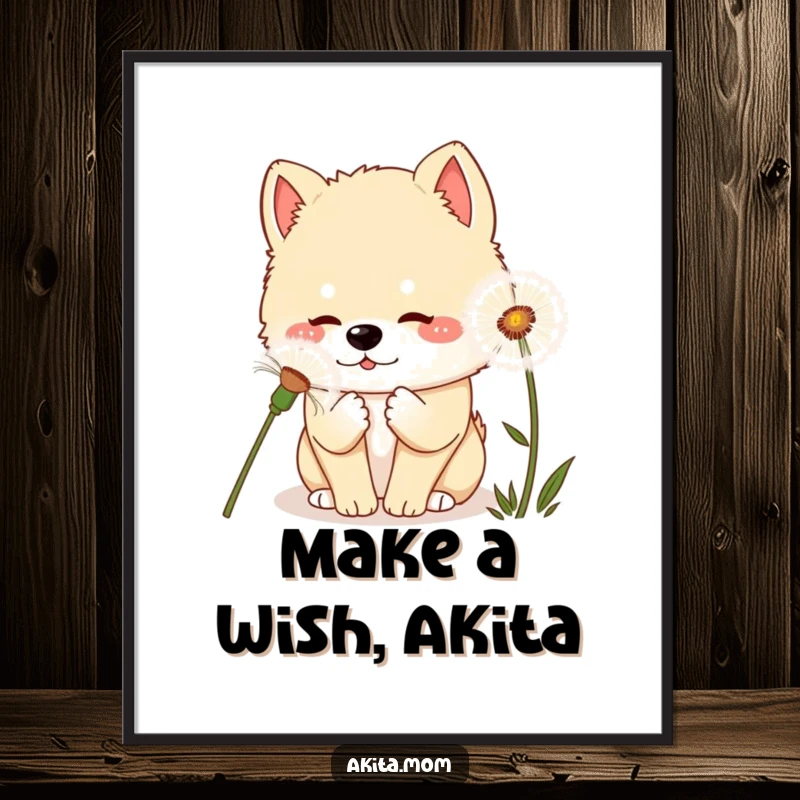 Free Printable Kawaii Wall Art: A cute Akita dog curiously sniffing a giant dandelion, looking intrigued and playful.