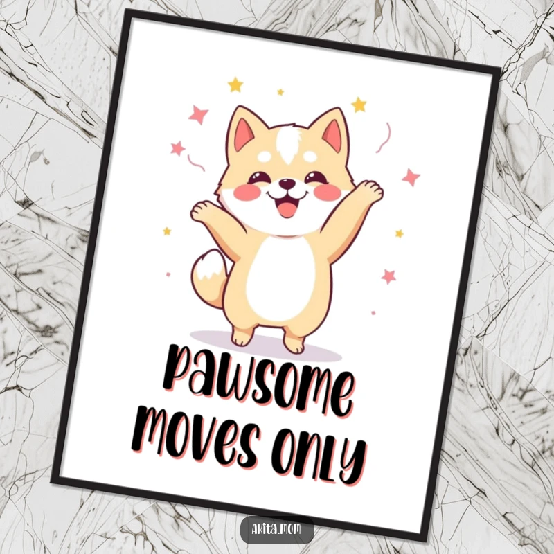 Funny Free Printable Kawaii Akita dog performing a hilarious, energetic happy dance, bringing cheer to any room as wall art.