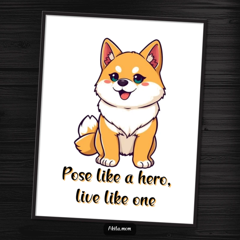 Funny Free Printable Akita Wall Art: A proud dog striking a heroic pose with alert ears, exuding bravery and charm.