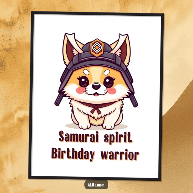Funny Free Printable Wall Art: An Akita dog proudly wearing a small samurai helmet, exuding bravery and a touch of playful swagger.