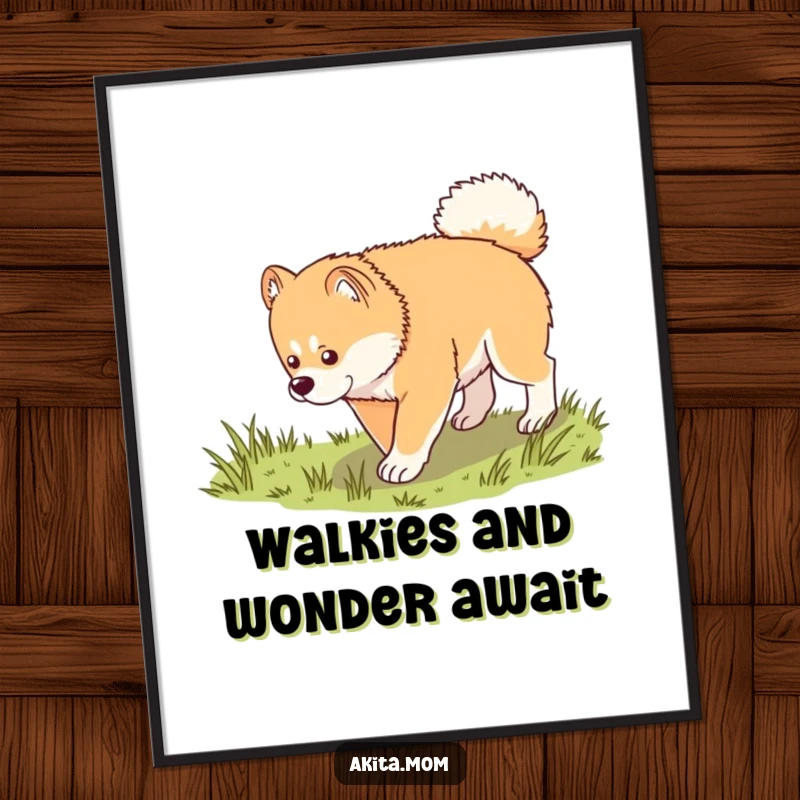 Funny Free Printable Wall Art: A kawaii Akita dignifiedly trotting and exploring a patch of green grass.