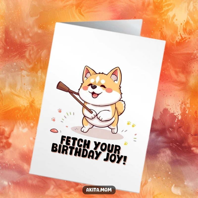 Funny Free Printable Kawaii Akita dog intensely focused on fetching a stick, showing determination for a birthday.