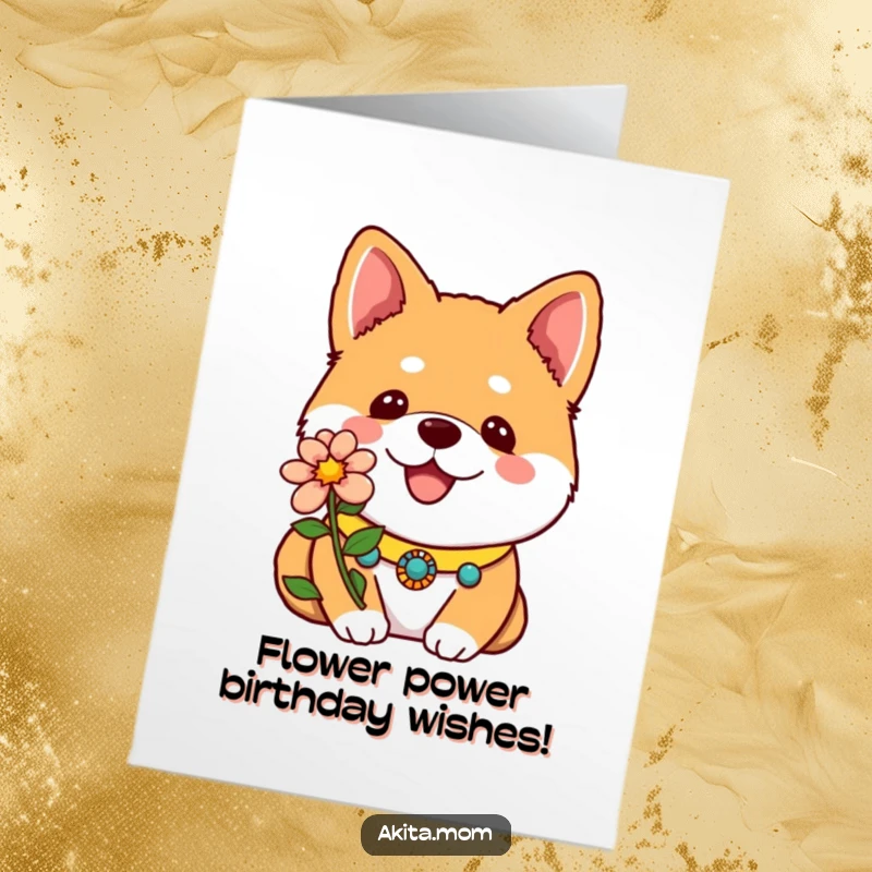 Funny Free Printable Birthday Card: Kawaii Akita in a collar, proudly showing a flower, ready to celebrate.