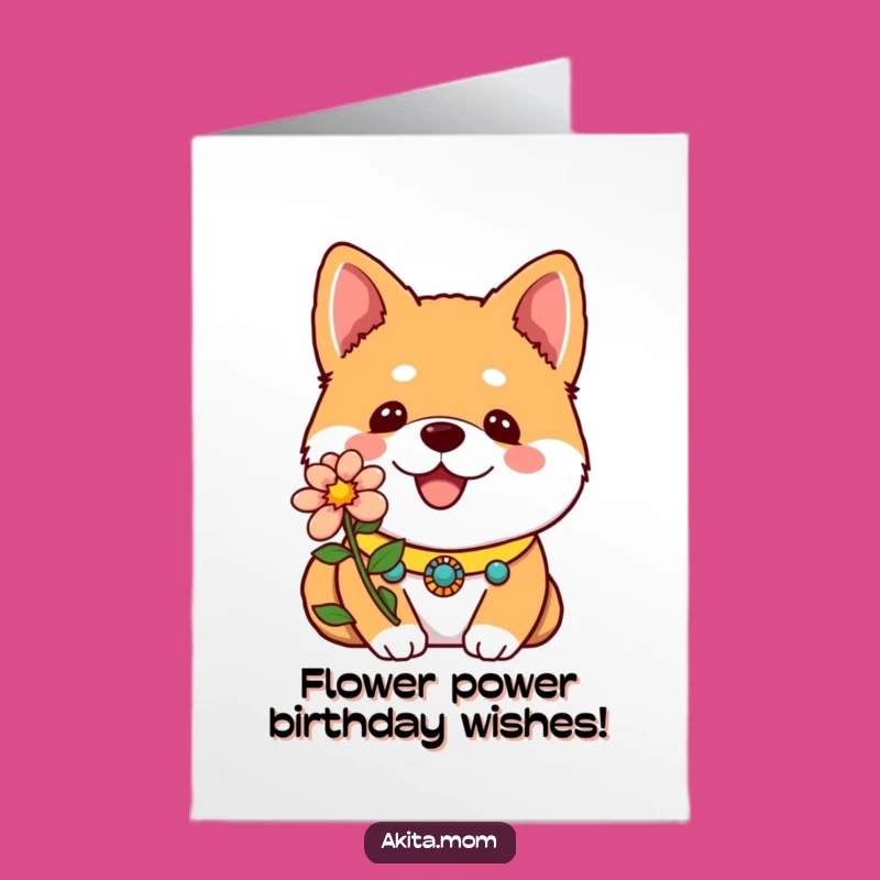 Free Printable Kawaii Akita Birthday Card: Funny Dog Flower Design, Downloadable Gift
