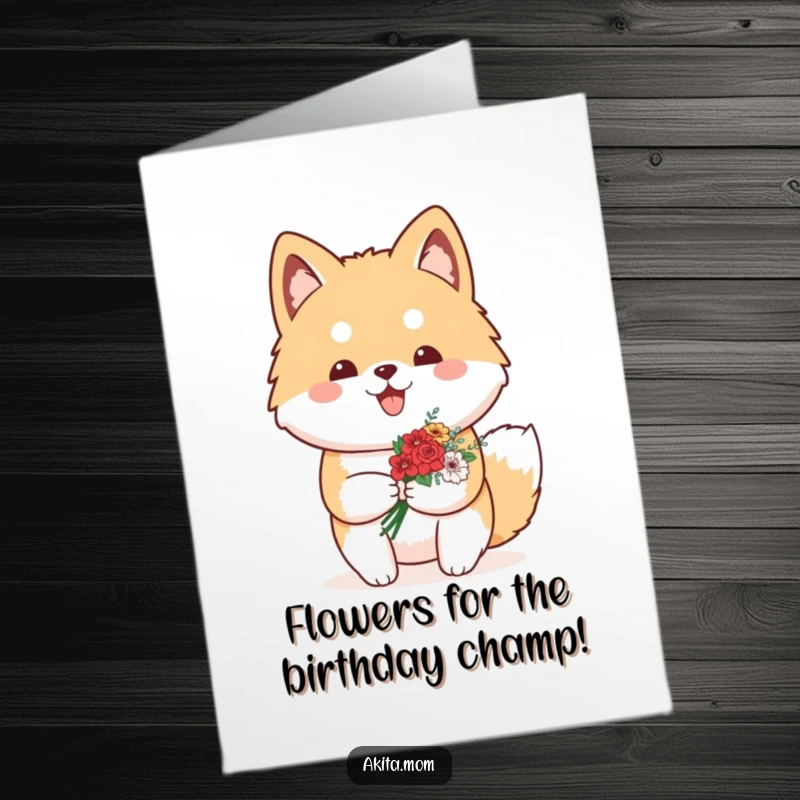 Funny Free Printable Birthday Card: A proud Kawaii Akita holding a small, cheerful bouquet of flowers.