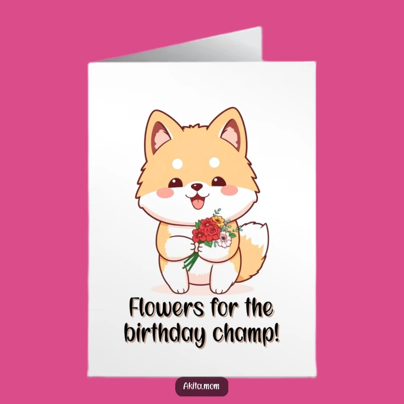 Free Printable Birthday Card: Proud Kawaii Akita Flowers, Downloadable Sweet Gift