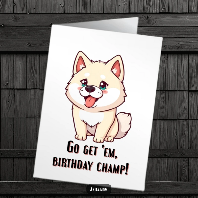 Funny Free Printable Akita Birthday Card: Energetic dog with determined look, ready to party, downloadable humor.