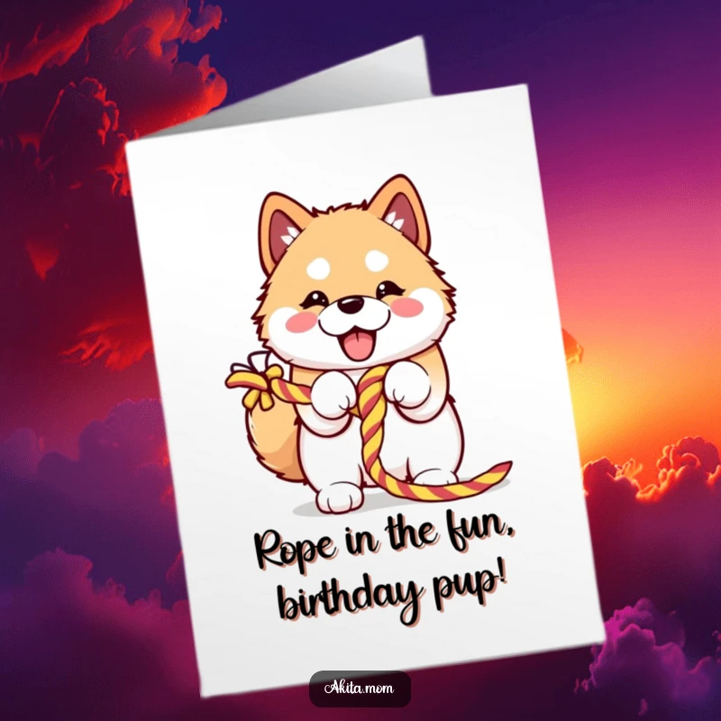 Funny Free Printable Birthday Card: Kawaii Akita playfully hugging a rope, expressing pure joy, perfect for dog lovers.