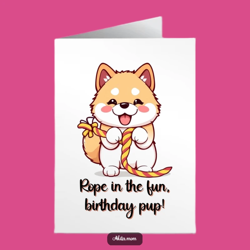 Free Printable Akita Birthday Card: Funny Dog Embracing Rope, Perfect DIY Gift