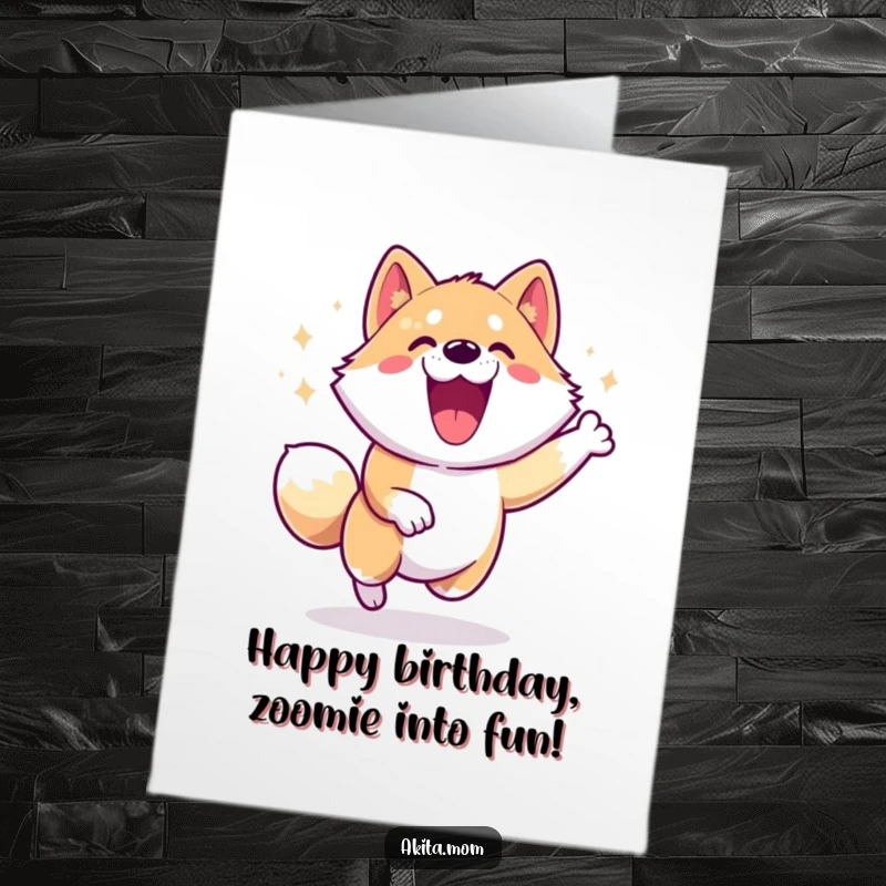 Free Printable Birthday Card: An energetic Akita dog mid-zoomie, conveying pure, happy excitement and speed.