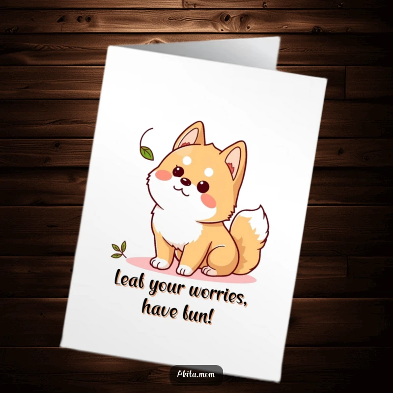 Funny Free Printable Birthday Card: Kawaii Akita in an alert stance, curiously watching a fluttering leaf.