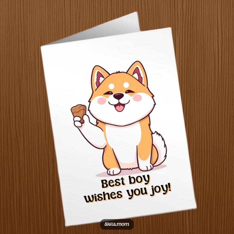 Funny Free Printable Birthday Card of a Kawaii Akita proudly holding a treat aloft, ready for celebration.