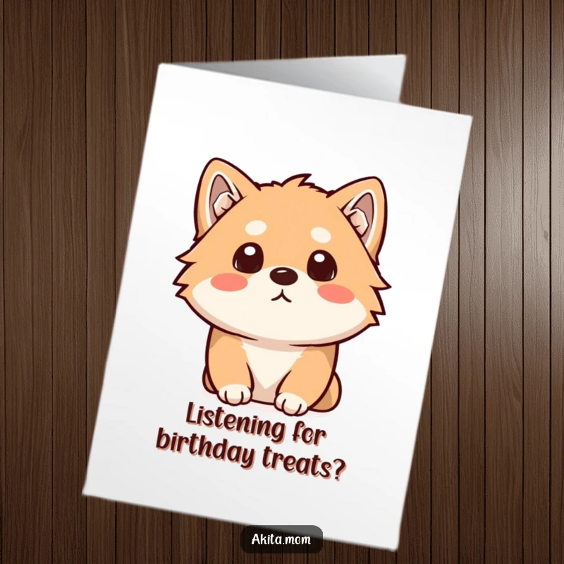Funny Free Printable Akita Birthday Card: Kawaii Akita with a curious head tilt, intently listening and ready for birthday fun.