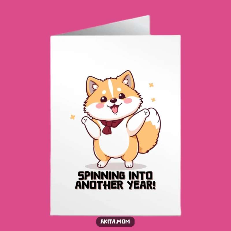 Free Printable Kawaii Akita Birthday Card: Funny Dancing Dog, Downloadable Gift