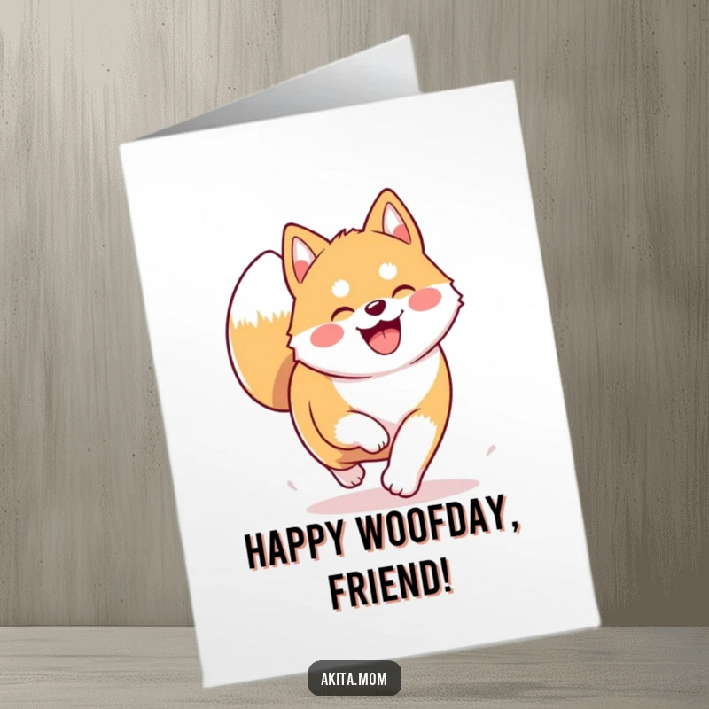 Funny Free Printable Akita Birthday Card: A cheerful Kawaii Akita trotting happily, tail curled high, celebrating your birthday with glee.