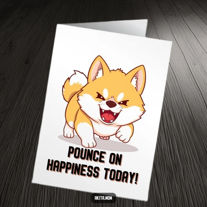 Funny Free Printable Akita Birthday Card: Fierce yet cute Kawaii Akita pouncing playfully, ready to capture your birthday fun.