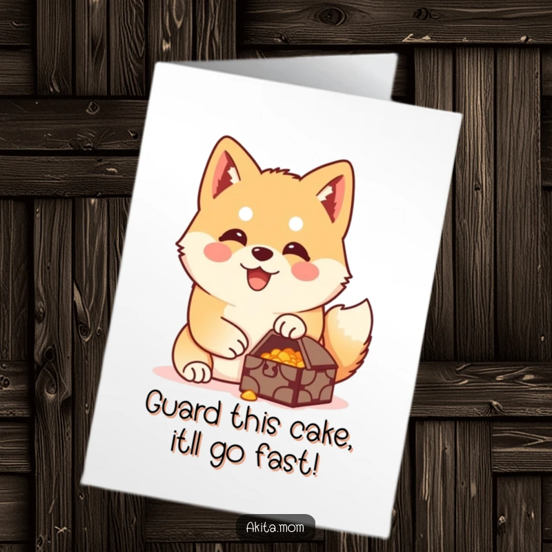 Funny Free Printable Akita Birthday Card: Happy dog guarding a small, precious treasure with utmost dedication.