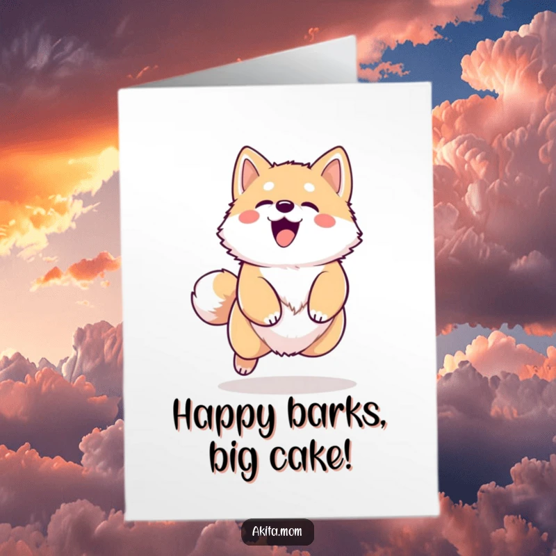 Funny Free Printable Birthday Card: Kawaii Akita barking happily with paws mid-air, ready to deliver birthday wishes.