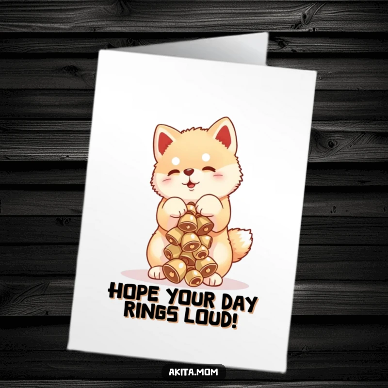 Funny Free Printable Birthday Card featuring a cute Akita cub precariously balancing a tower of tiny, tinkling bells.