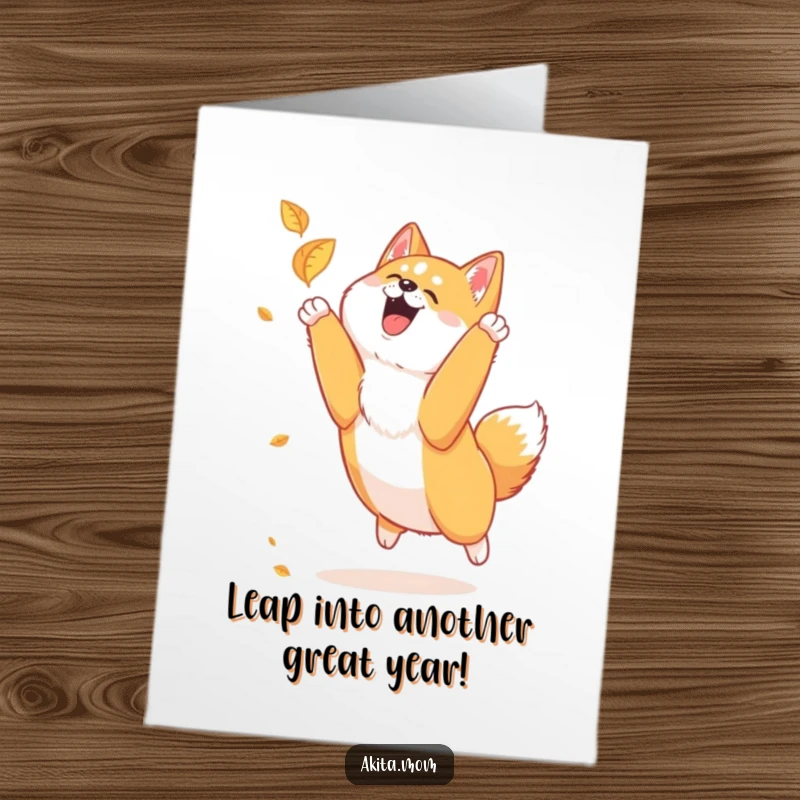 Funny Free Printable Akita Birthday Card: Loyal dog joyfully leaping to catch a falling autumn leaf, pure happiness.