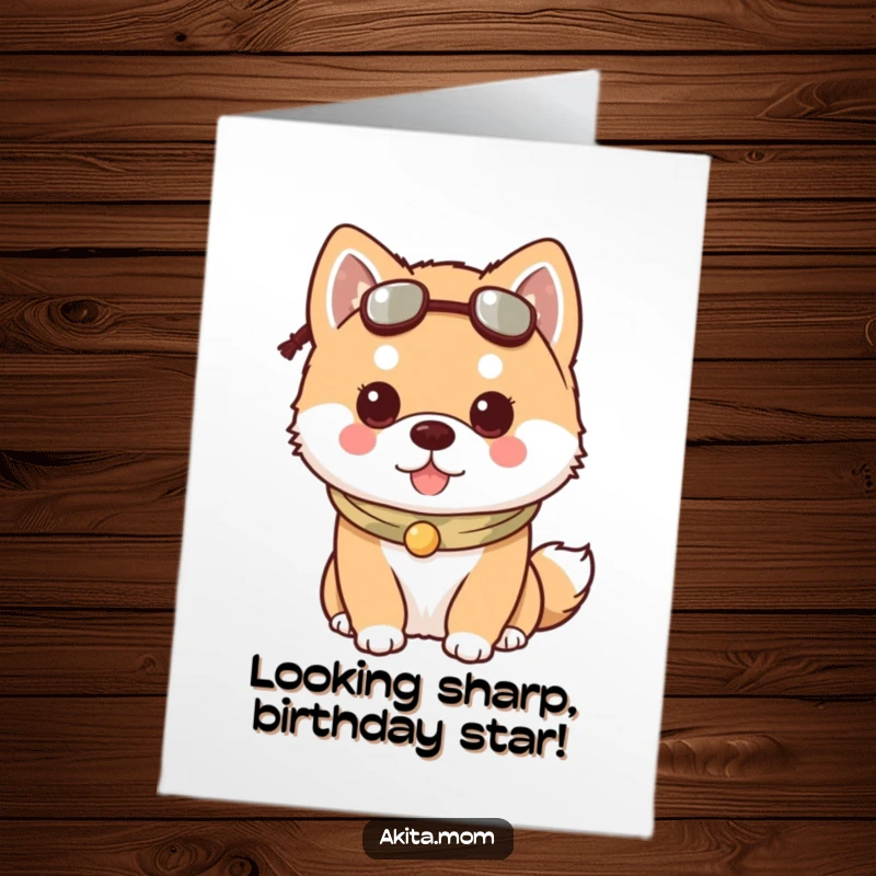 Funny Free Printable Kawaii Akita dog wearing a cute accessory like a bow tie or party hat, ready for a birthday.