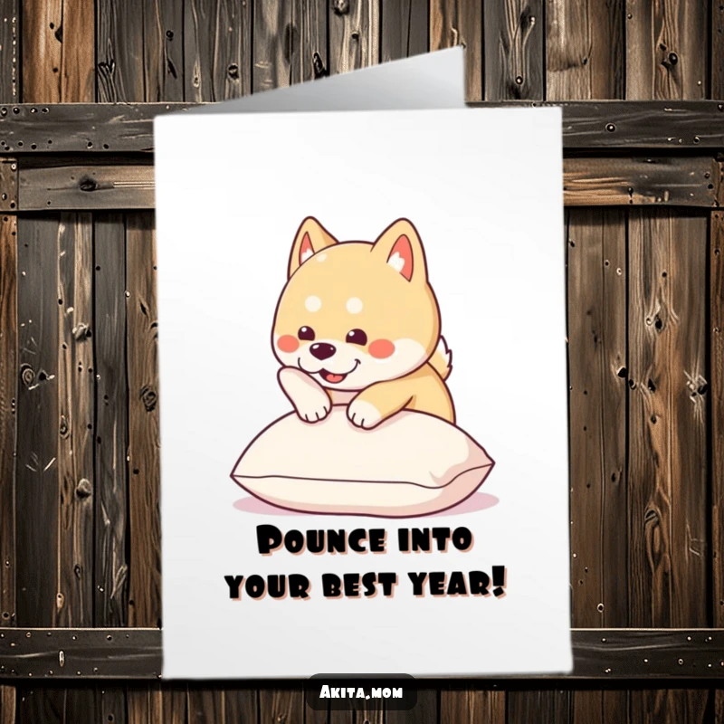 Funny Free Printable Akita Birthday Card: Kawaii dog pouncing playfully onto a soft cushion, ready for celebration.