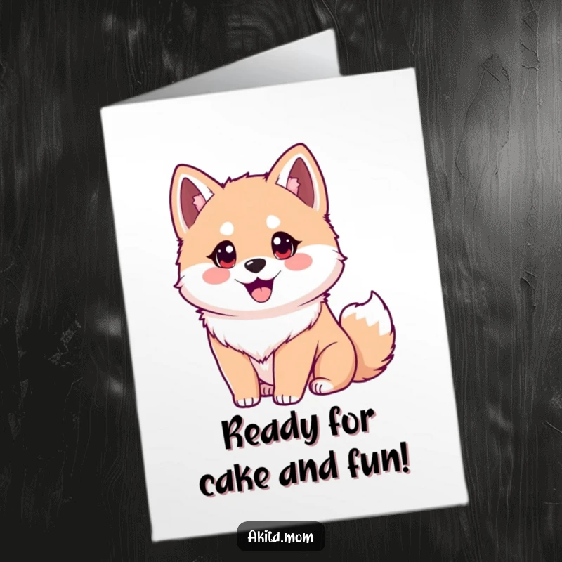 Funny Free Printable Akita Birthday Card: Happy dog with eager eyes and wagging tail, radiating excitement, downloadable cheer.