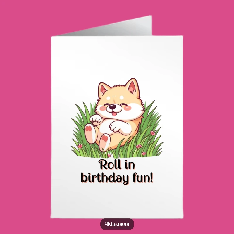 Free Printable Kawaii Akita Birthday Card: Rolling Dog Fun Download