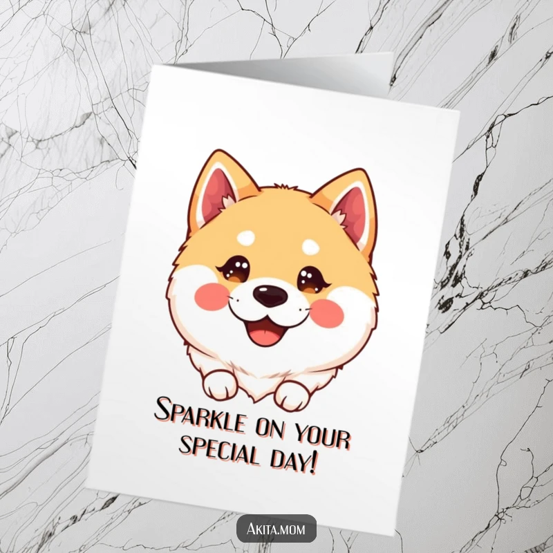 Free Printable Kawaii Birthday Card: A super happy Akita dog with sparkling eyes and a wide, infectious smile.