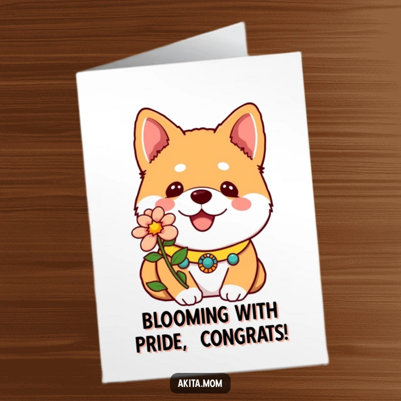 Funny Free Printable Congratulations Card: Adorable Kawaii Akita wearing a collar and showing off a vibrant flower.