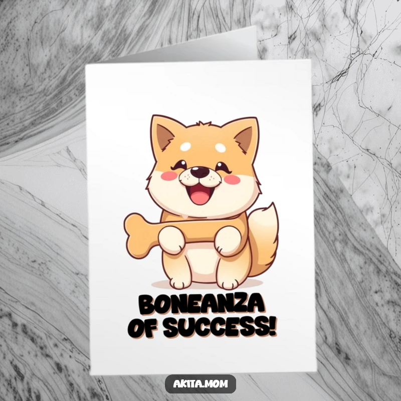 Funny Free Printable Kawaii Akita dog with a huge smile, proudly holding a bone, perfect for congratulations.