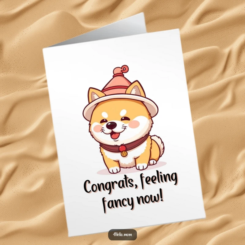 Funny Free Printable Akita Congratulations Card: Akita dog donning a small traditional Japanese hat, celebrating with flair, downloadable.
