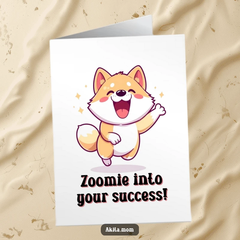Free Printable Congratulations Card: An Akita dog performing a happy zoomie, radiating excitement and celebratory energy.