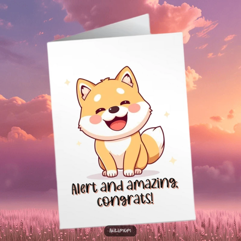 Funny Free Printable Congrats Card: Cute Akita performing a joyful, alert survey, keenly observing and celebrating success with humor.